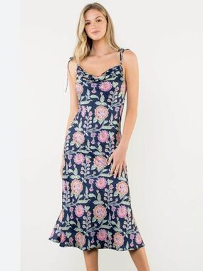 Cowl Neck Tie-Strap Floral Midi Dress - Navy/Pink